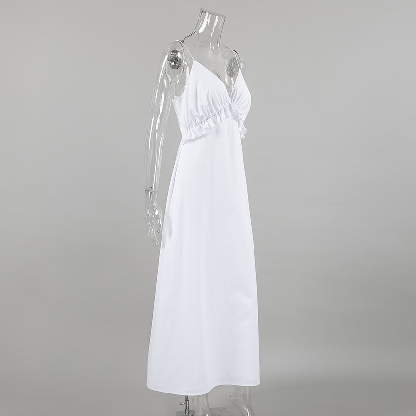 Abito lungo da donna bianco con scollo a V, volant e spalline sottili
