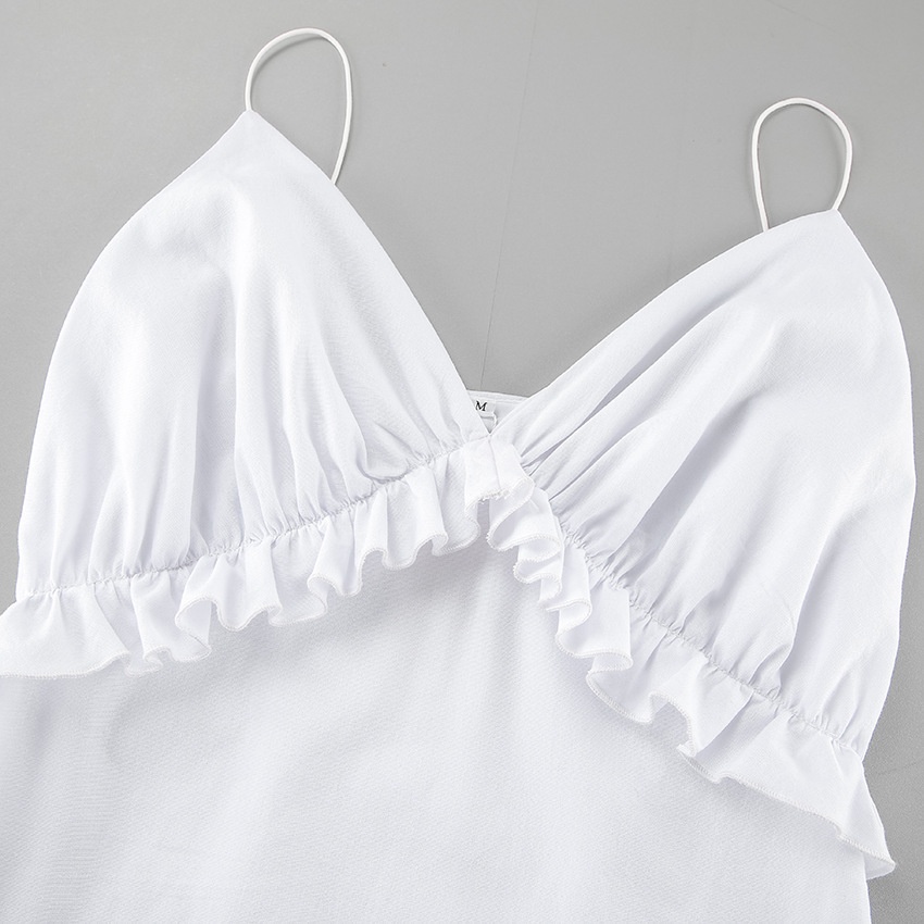 Abito lungo da donna bianco con scollo a V, volant e spalline sottili