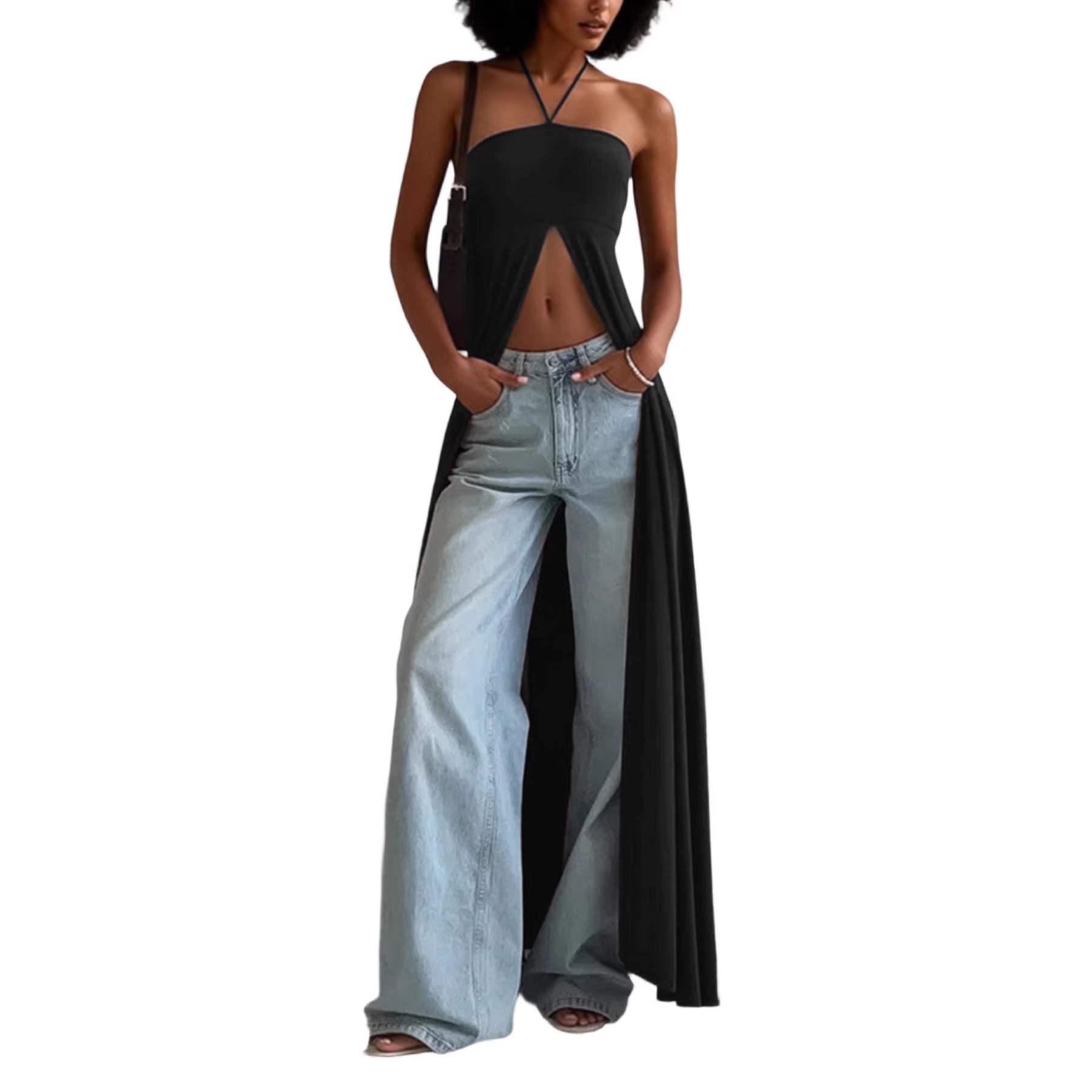 Top lungo da donna con scollo all'americana e spacco alto