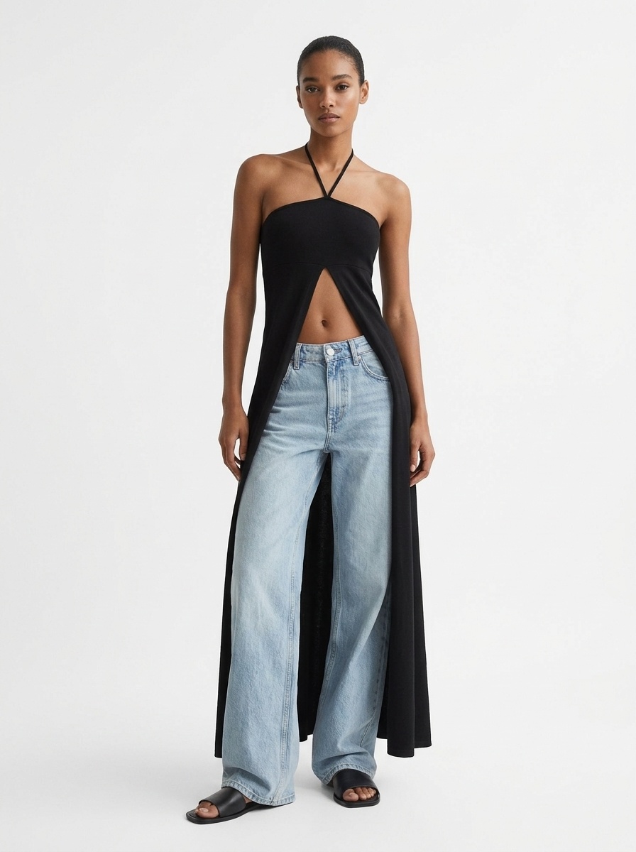 Top lungo da donna con scollo all'americana e spacco alto