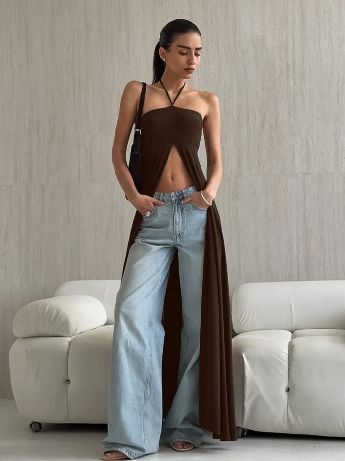 Top lungo da donna con scollo all'americana e spacco alto