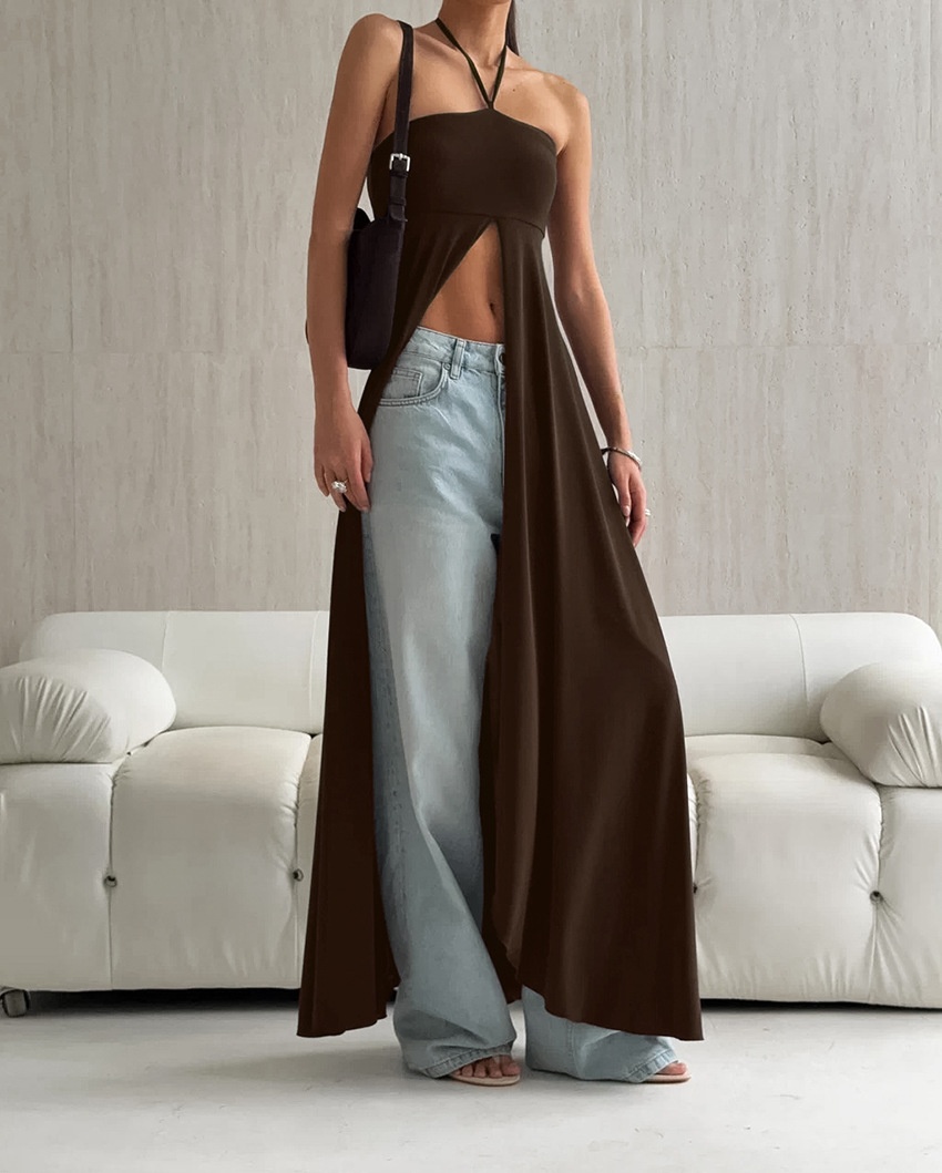 Top lungo da donna con scollo all'americana e spacco alto