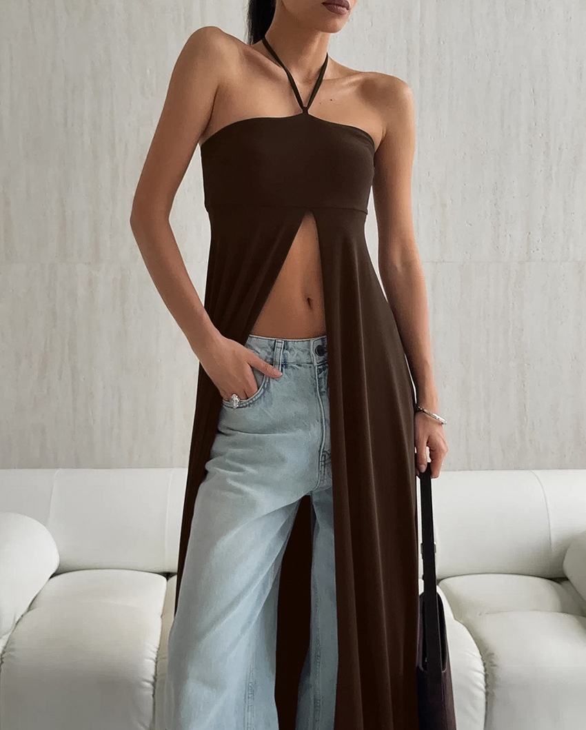 Top lungo da donna con scollo all'americana e spacco alto