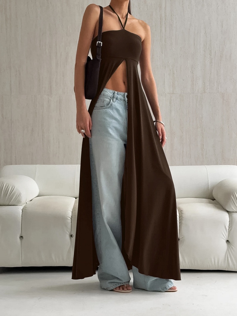Top lungo da donna con scollo all'americana e spacco alto