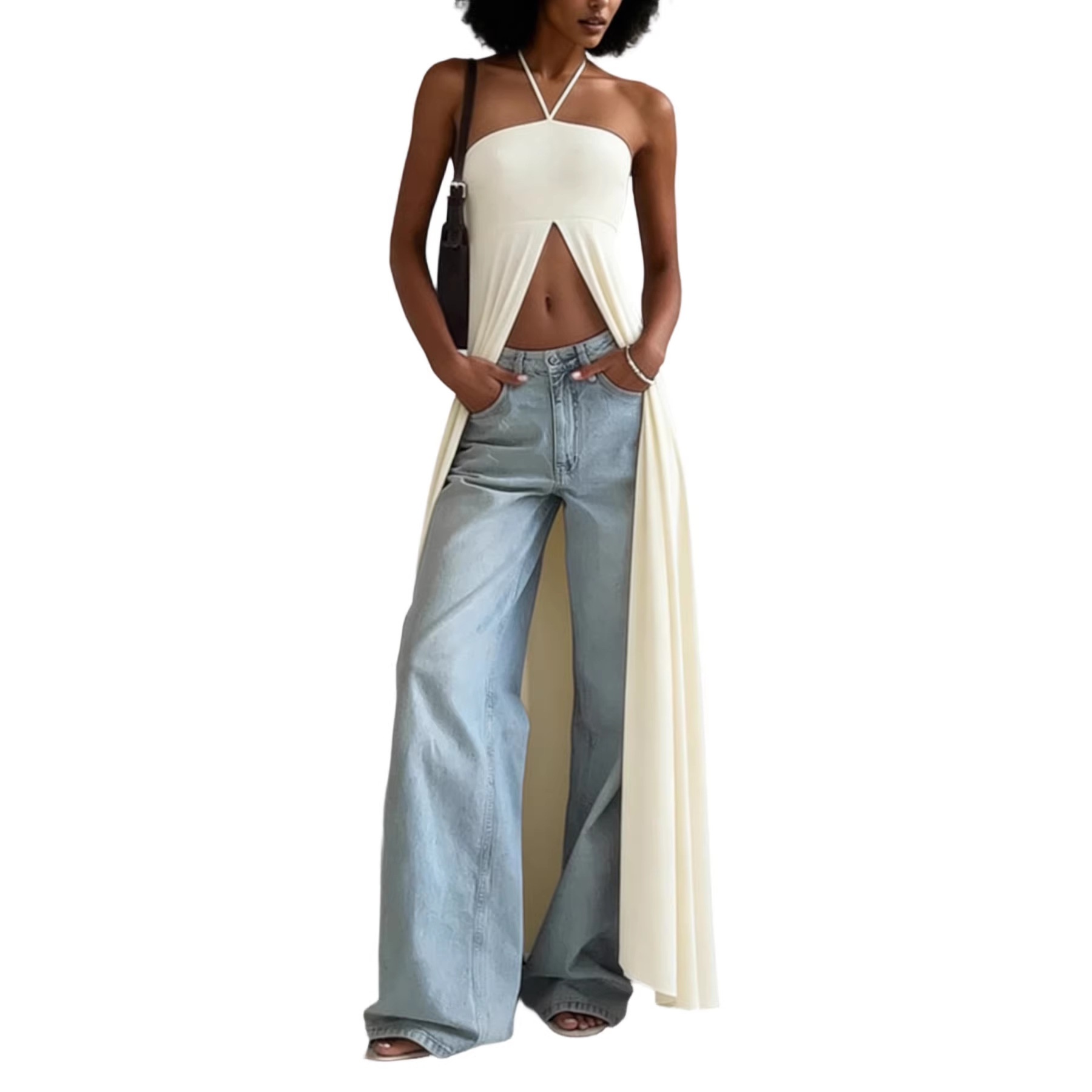 Top lungo da donna con scollo all'americana e spacco alto