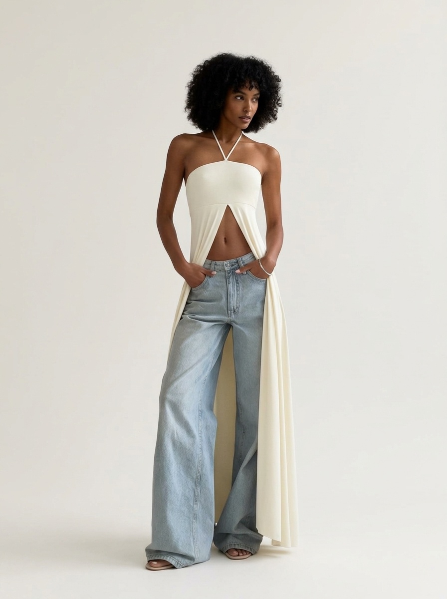 Top lungo da donna con scollo all'americana e spacco alto