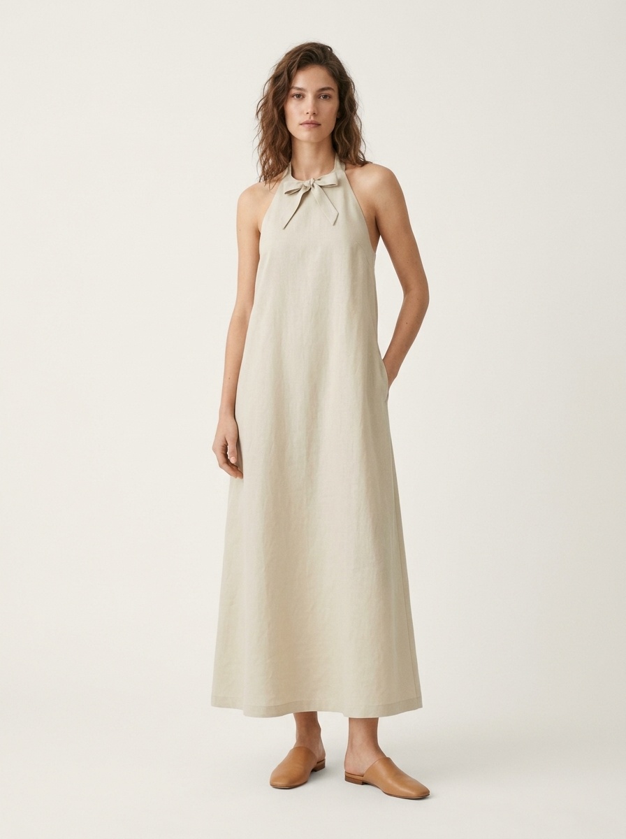 Abito lungo da donna senza maniche, con scollo all'americana e schiena scoperta.