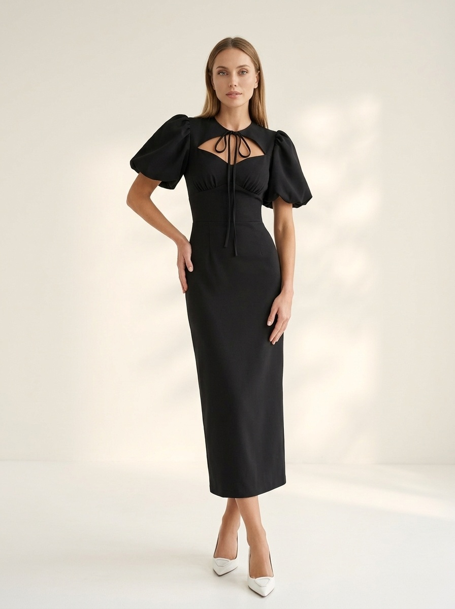 Robe midi moulante élégante à manches bouffantes, découpes et col noué