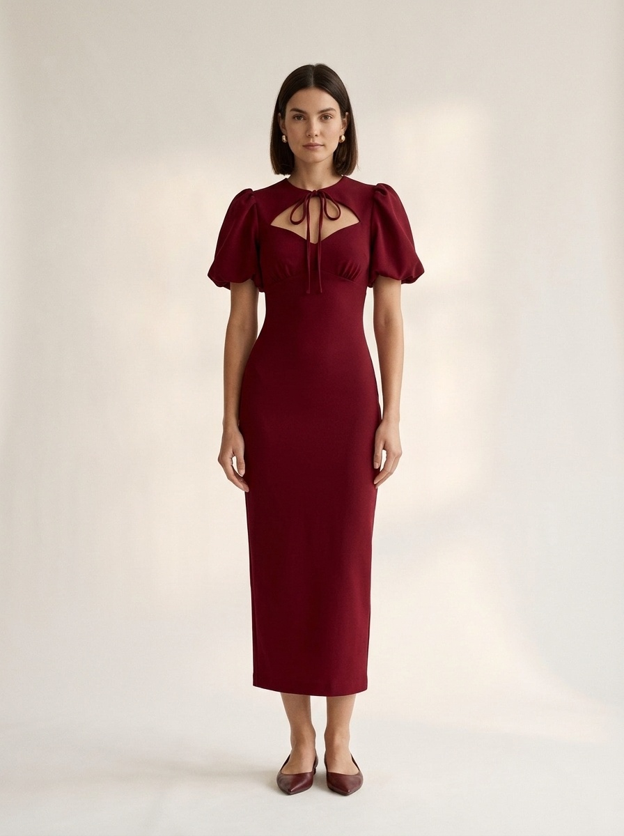 Robe midi moulante élégante à manches bouffantes, découpes et col noué