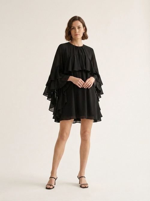 Elegant Black Ruffle Tiered Flowy Mini Dress Elegant Black Ruffle Tiered Flowy Mini Dress