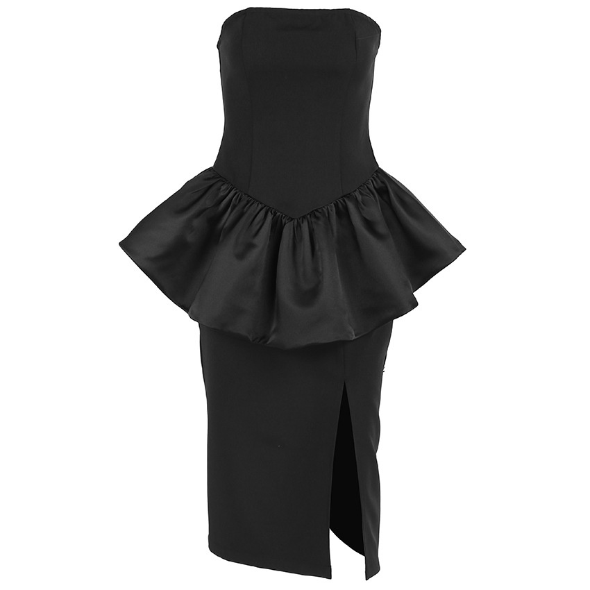 Élégante robe midi bustier noire à basque et fente