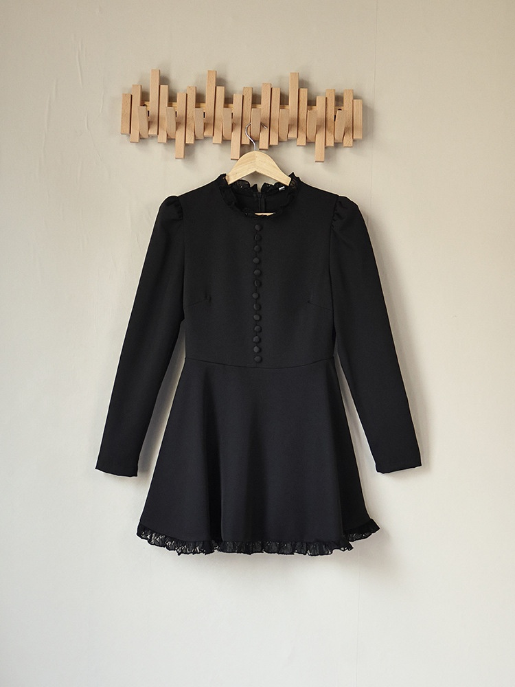 Black Long Sleeve Lace Trim Button Front Mini Dress