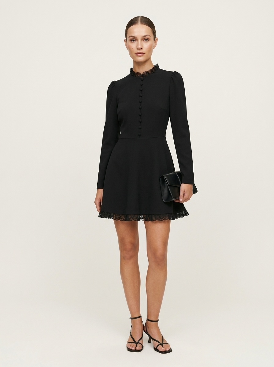 Black Long Sleeve Lace Trim Button Front Mini Dress