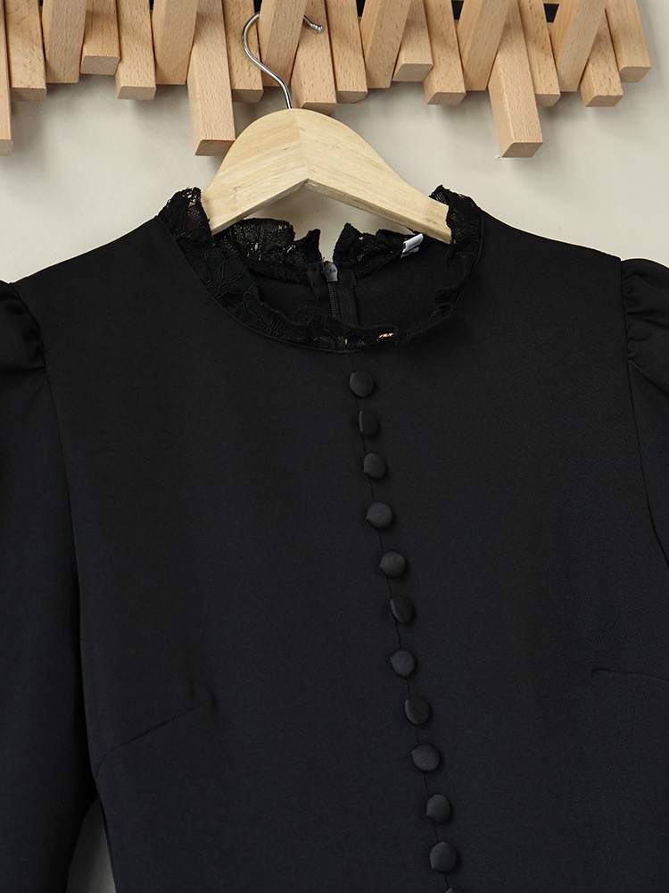 Black Long Sleeve Lace Trim Button Front Mini Dress