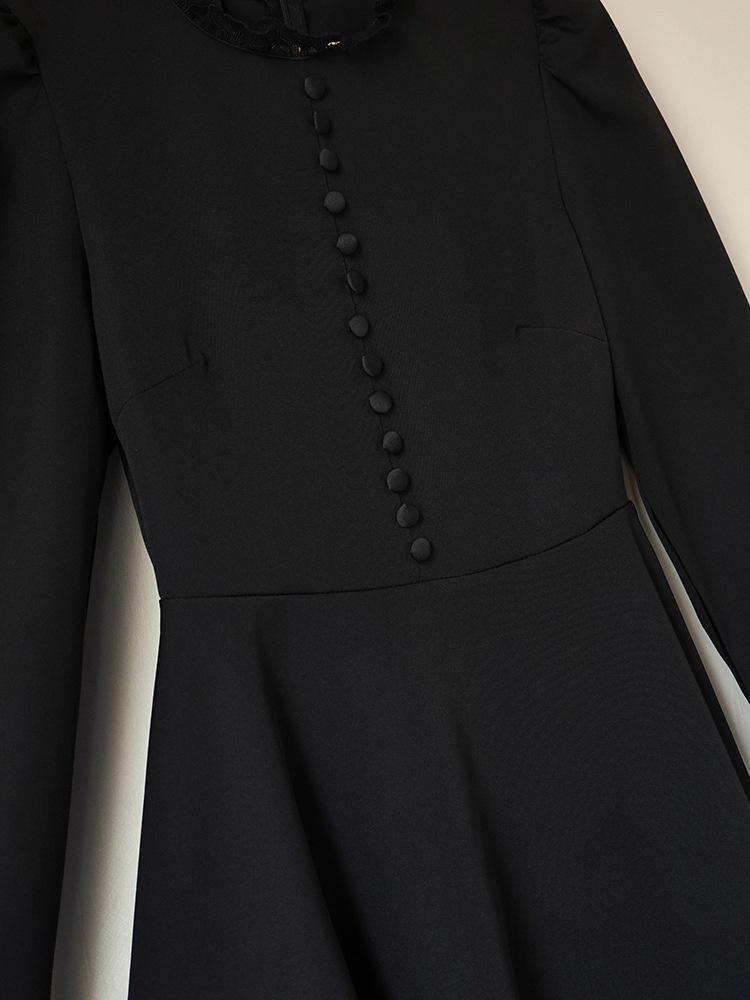 Black Long Sleeve Lace Trim Button Front Mini Dress