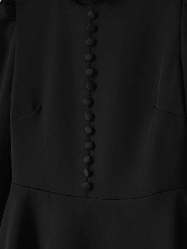Black Long Sleeve Lace Trim Button Front Mini Dress