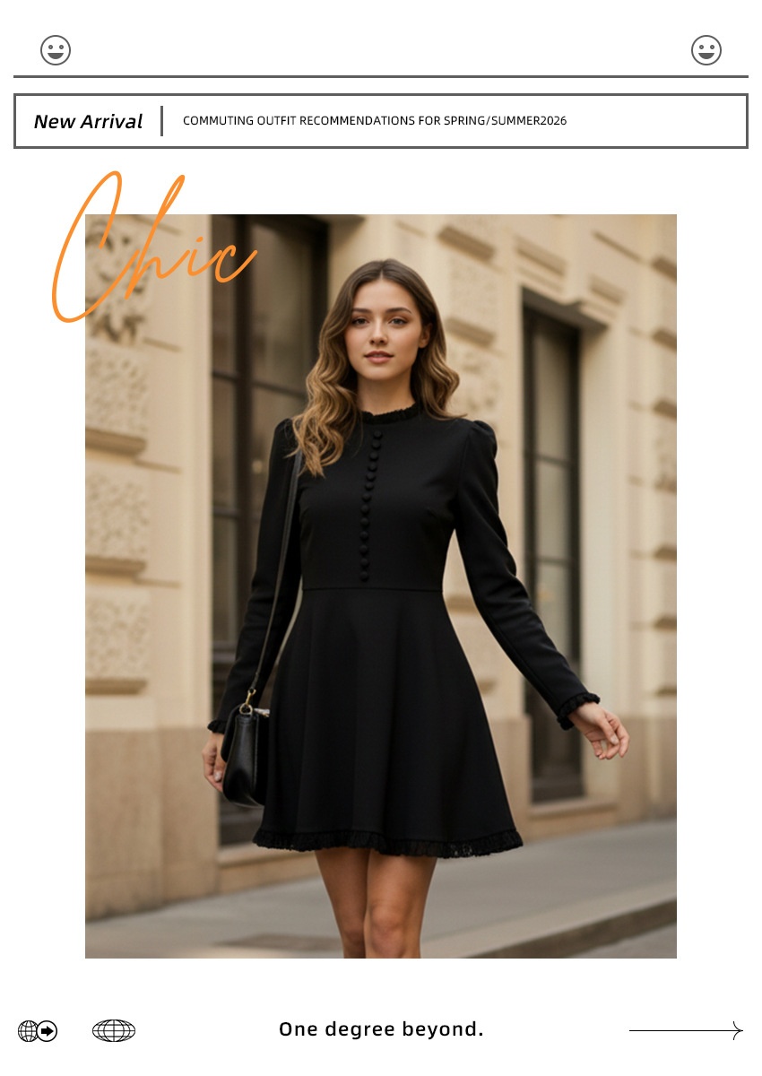 Black Long Sleeve Lace Trim Button Front Mini Dress
