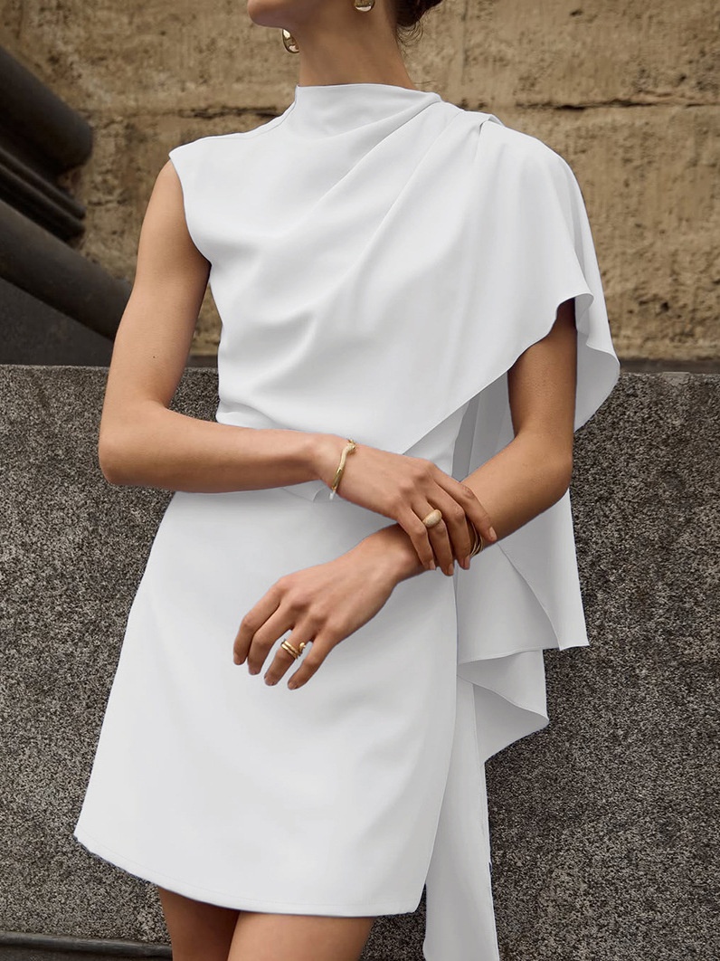 White Asymmetrical Draped Cape Sleeveless Mini Dress