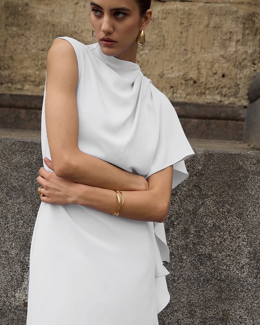 White Asymmetrical Draped Cape Sleeveless Mini Dress
