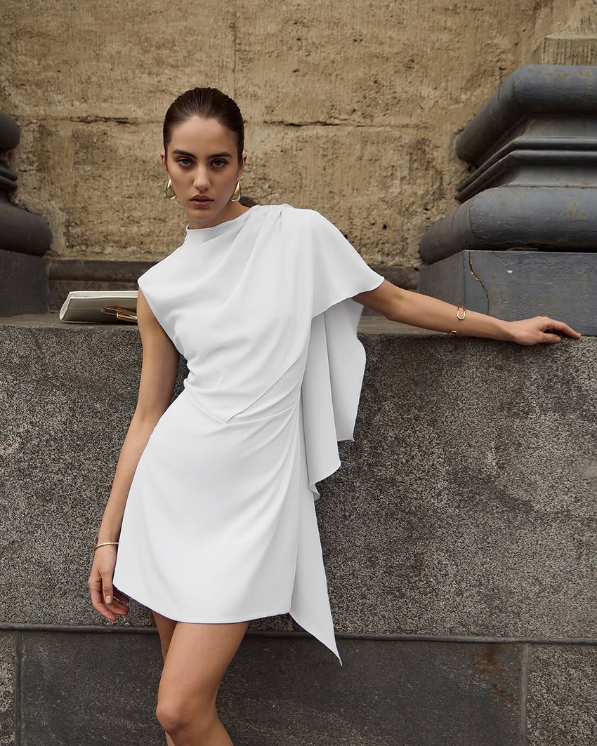 White Asymmetrical Draped Cape Sleeveless Mini Dress