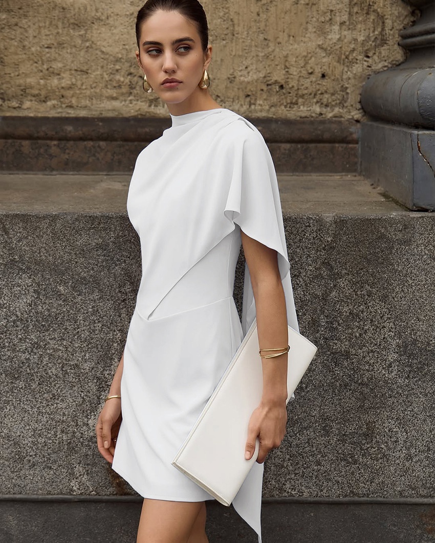White Asymmetrical Draped Cape Sleeveless Mini Dress