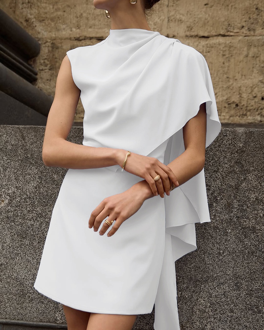 White Asymmetrical Draped Cape Sleeveless Mini Dress