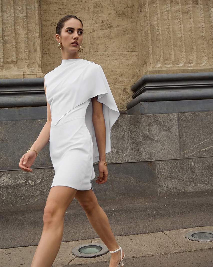 White Asymmetrical Draped Cape Sleeveless Mini Dress