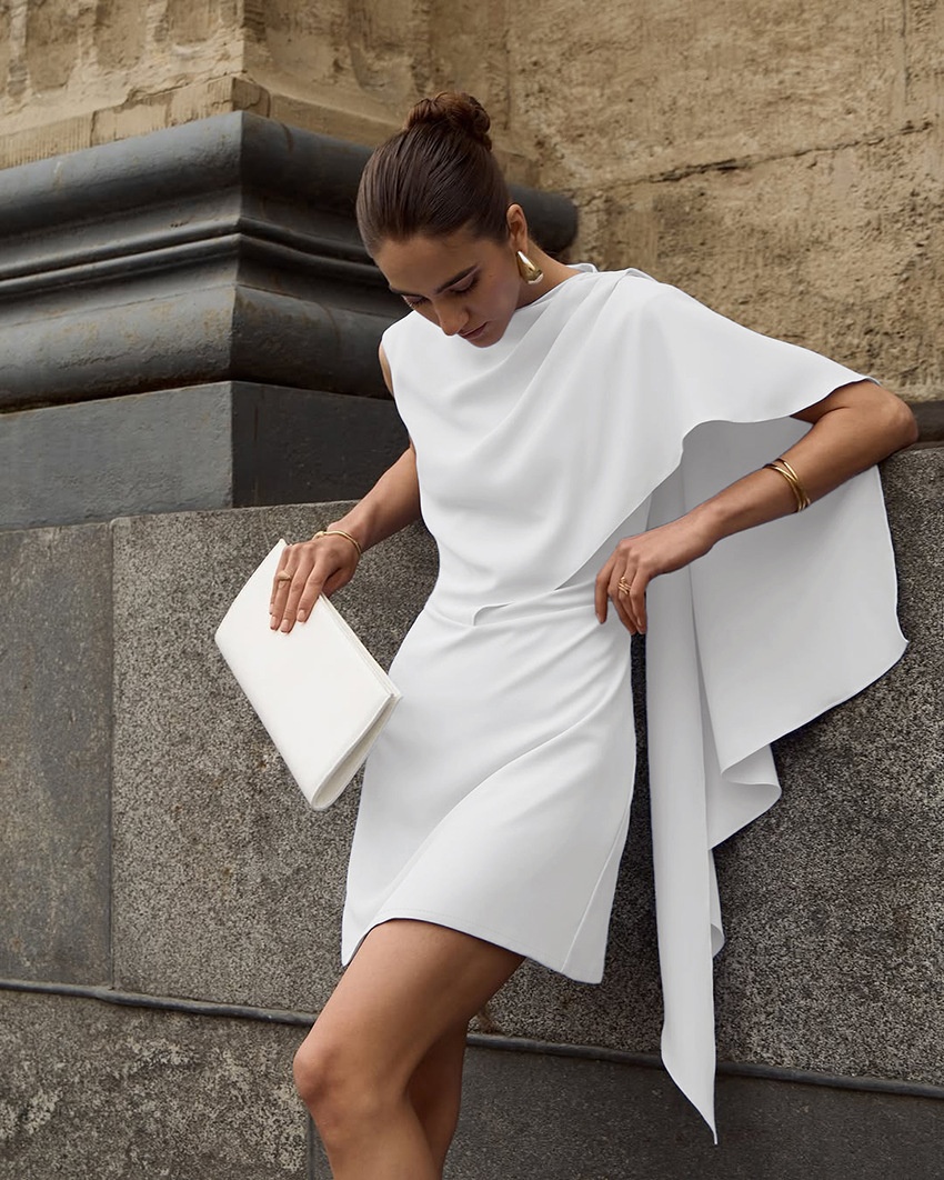 White Asymmetrical Draped Cape Sleeveless Mini Dress
