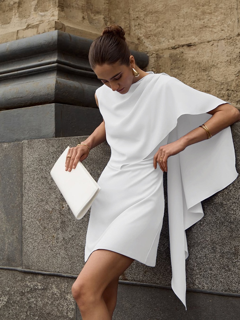 White Asymmetrical Draped Cape Sleeveless Mini Dress