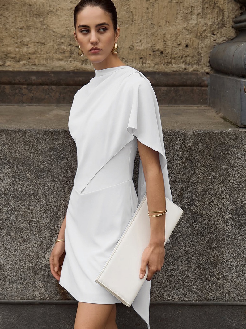 White Asymmetrical Draped Cape Sleeveless Mini Dress
