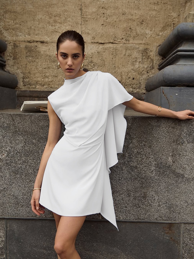 White Asymmetrical Draped Cape Sleeveless Mini Dress
