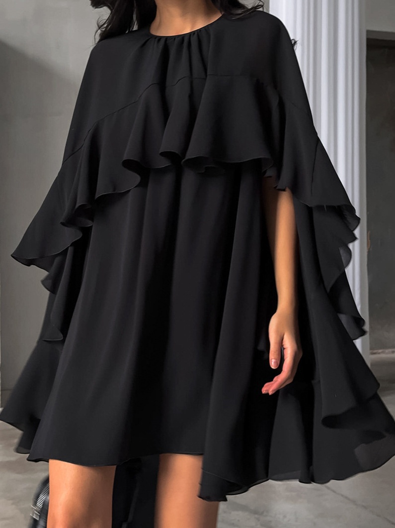 Women's Black Ruffle Cape Mini Dress