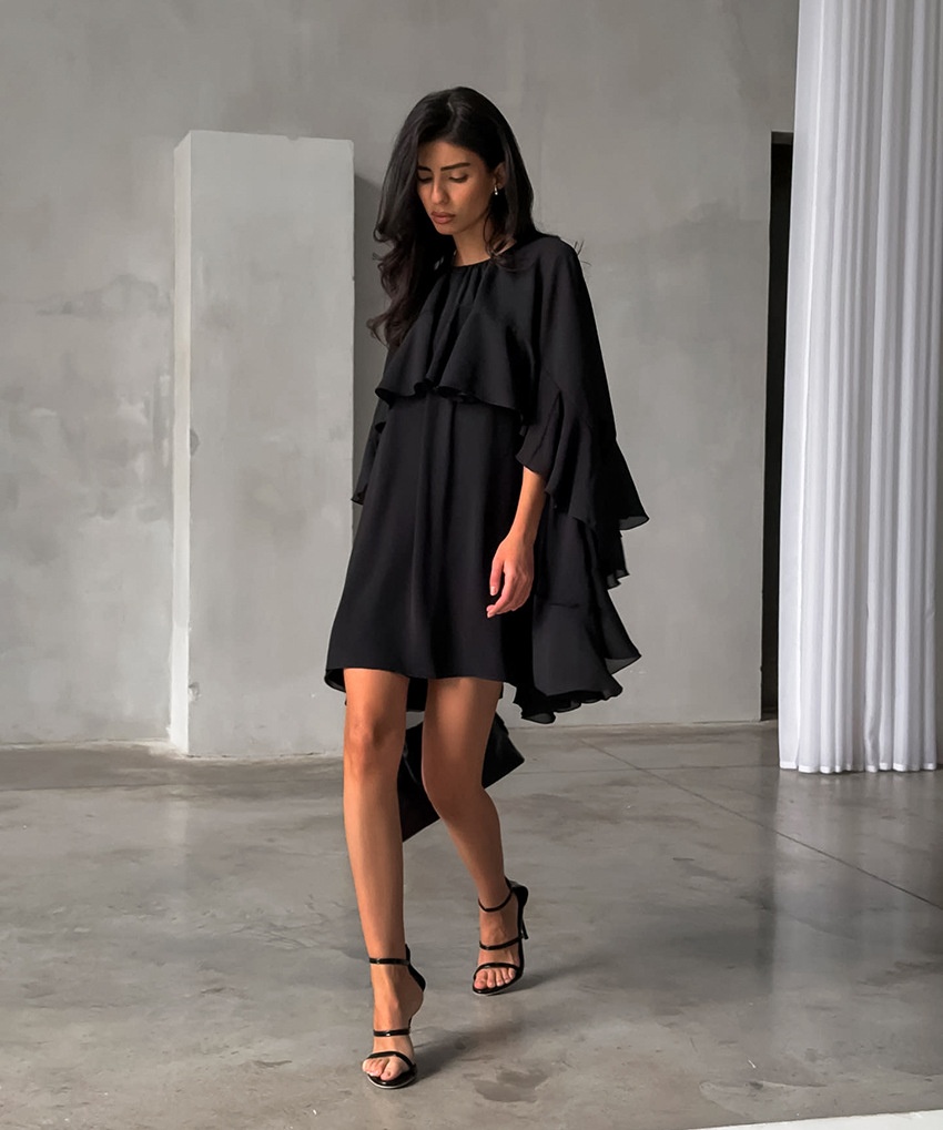 Women's Black Ruffle Cape Mini Dress