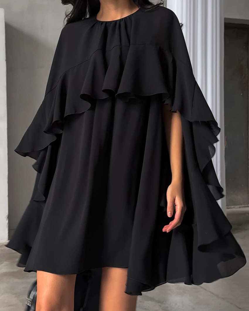 Women's Black Ruffle Cape Mini Dress