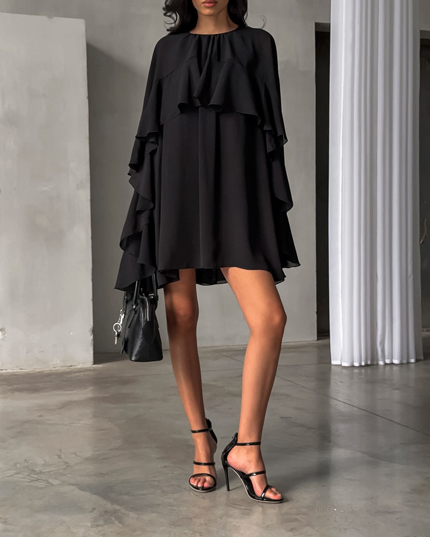 Women's Black Ruffle Cape Mini Dress