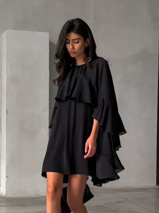 Women's Black Ruffle Cape Mini Dress