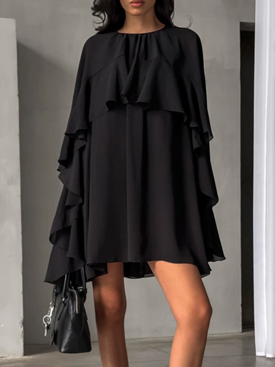 Women's Black Ruffle Cape Mini Dress
