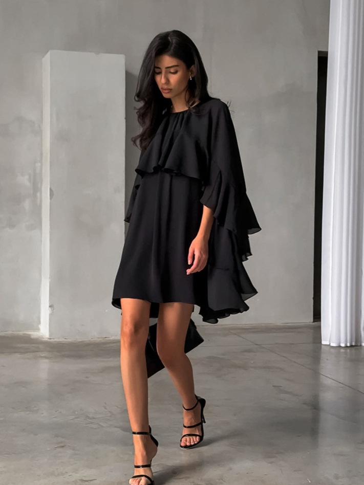 Women's Black Ruffle Cape Mini Dress