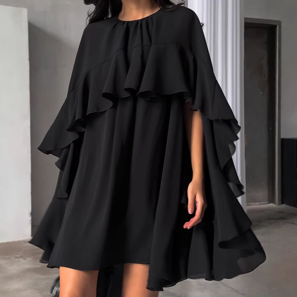 Women's Black Ruffle Cape Mini Dress