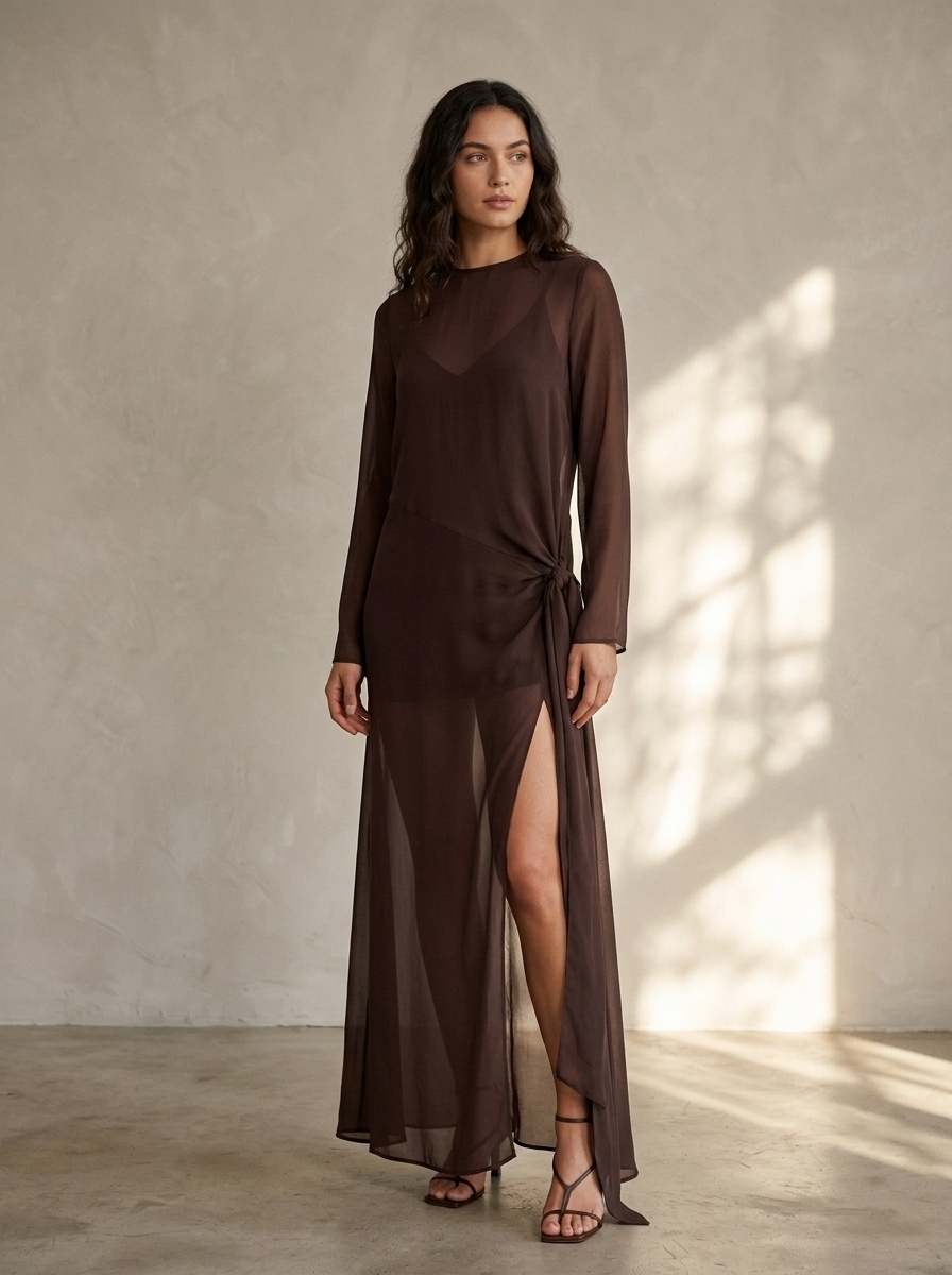 Robe longue transparente avec fente latérale et détail de nœud