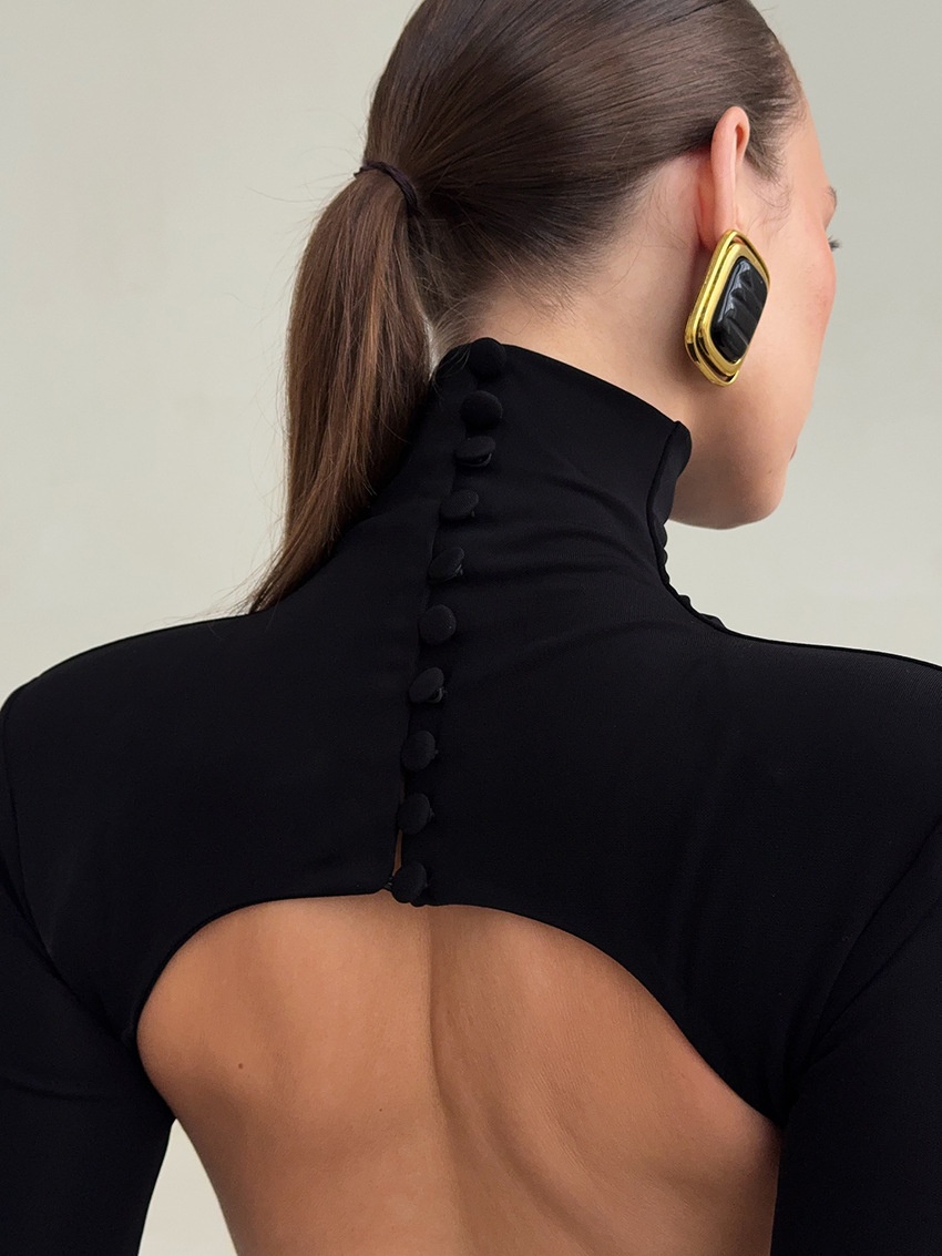 Robe midi noire à col roulé et dos nu - Manches longues