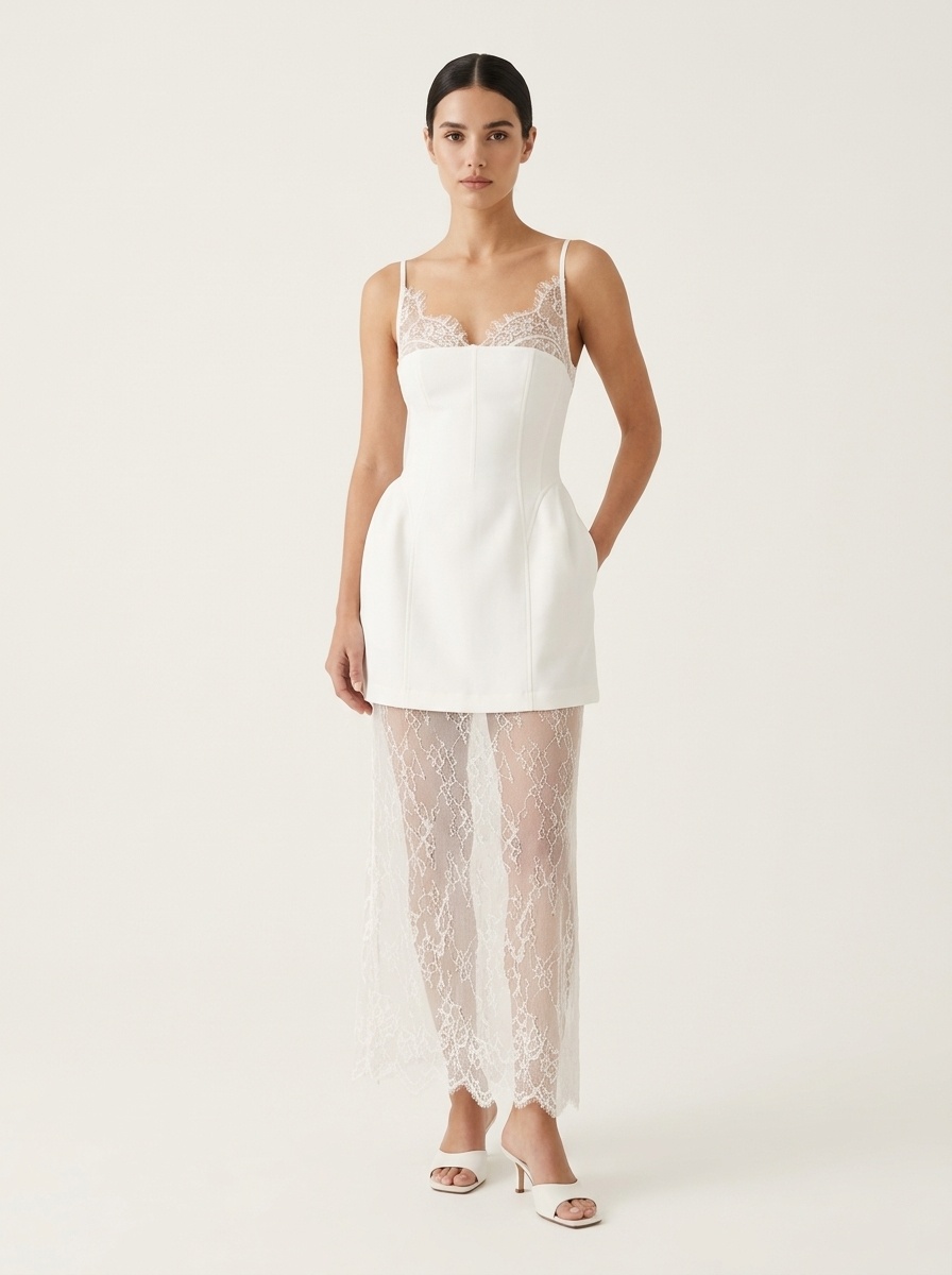 Completo composto da mini abito a corsetto con bordo in pizzo e gonna lunga trasparente.