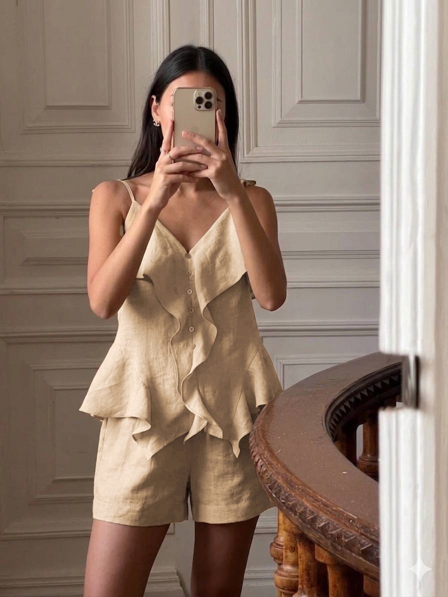 Completo da donna composto da top a canotta con volant e spalline da annodare e pantaloncini.
