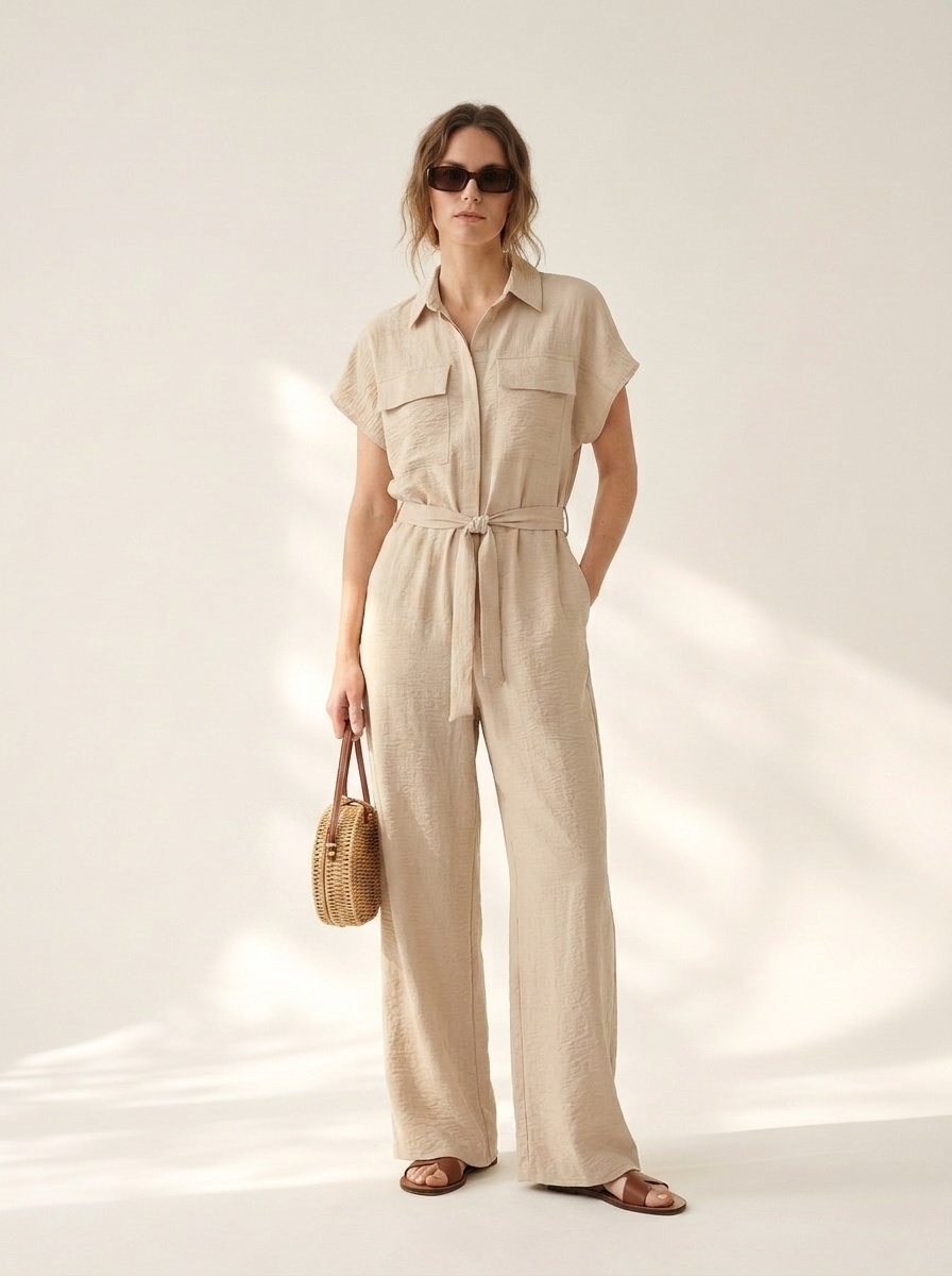 Combinaison beige chic à manches courtes et taille nouée