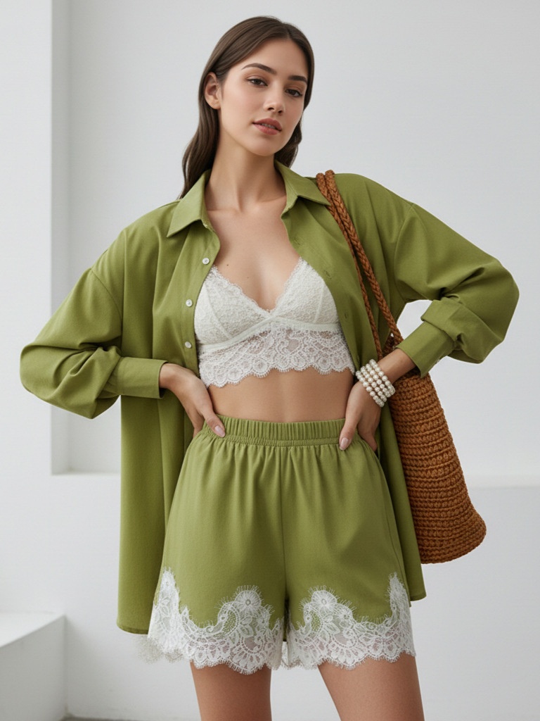 Completo da donna composto da camicia e pantaloncini con orlo in pizzo