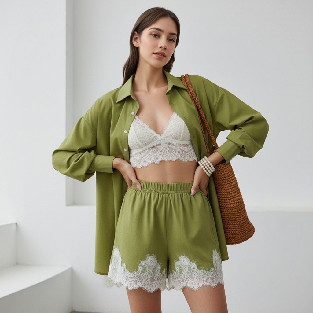 Completo da donna composto da camicia e pantaloncini con orlo in pizzo