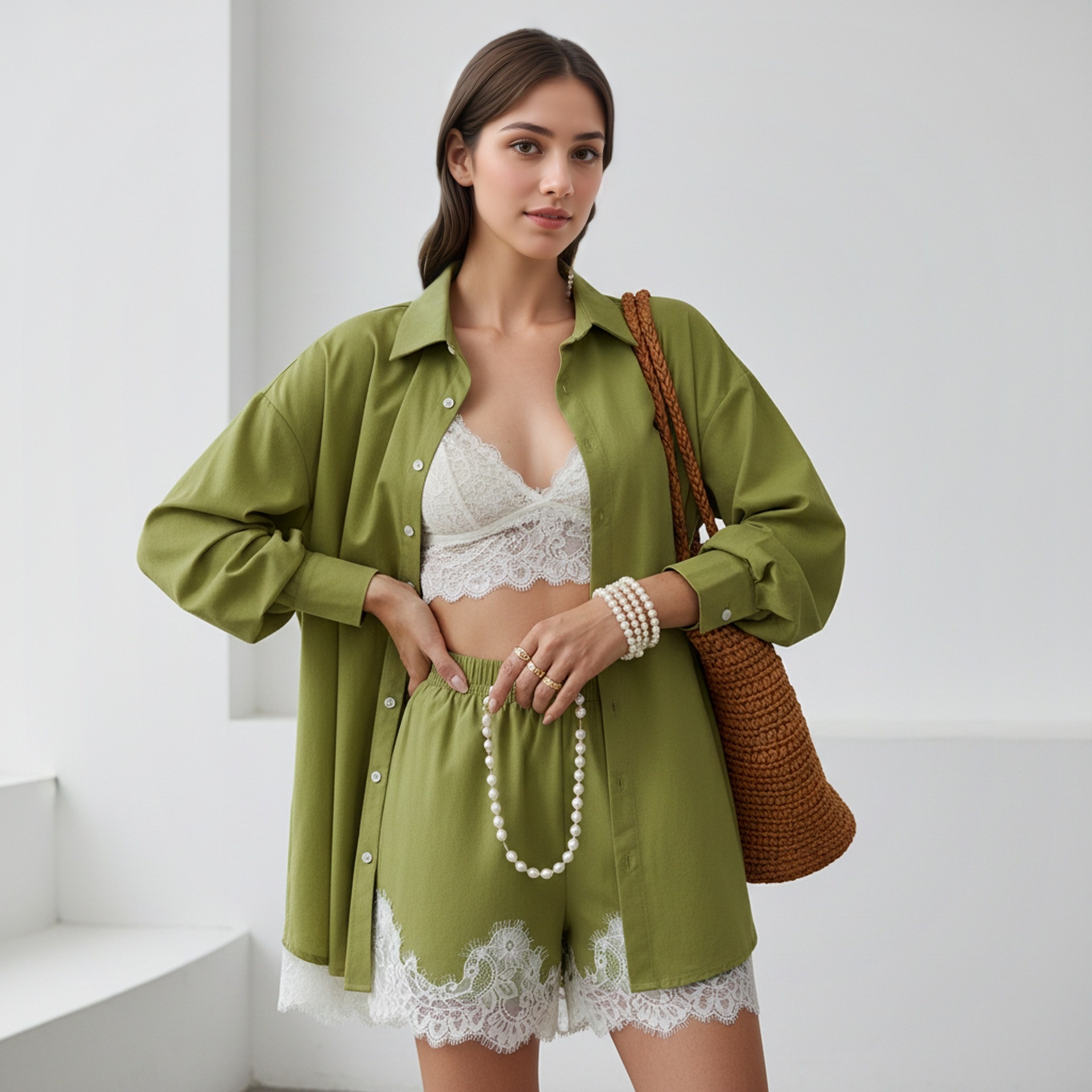 Completo da donna composto da camicia e pantaloncini con orlo in pizzo