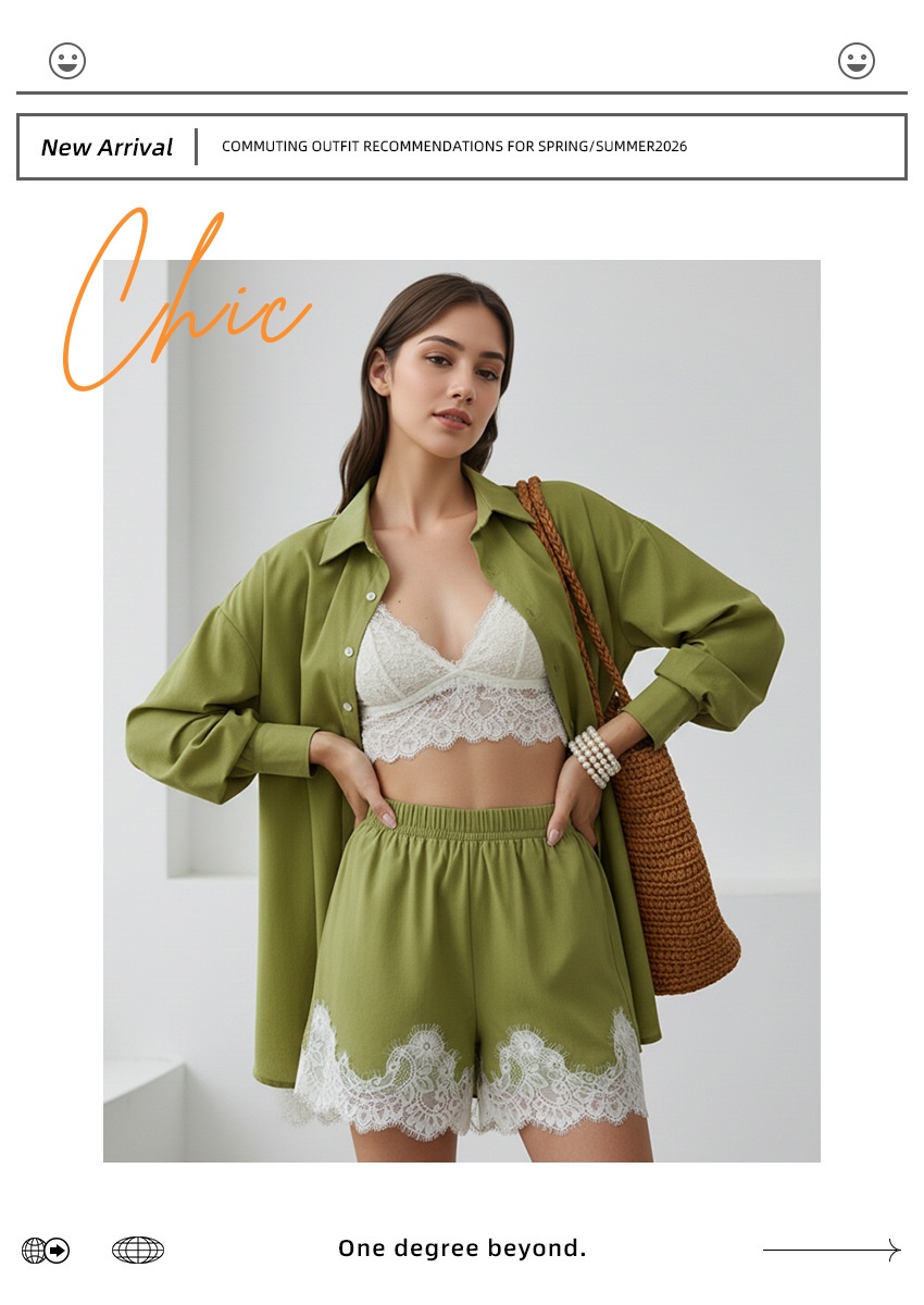 Completo da donna composto da camicia e pantaloncini con orlo in pizzo