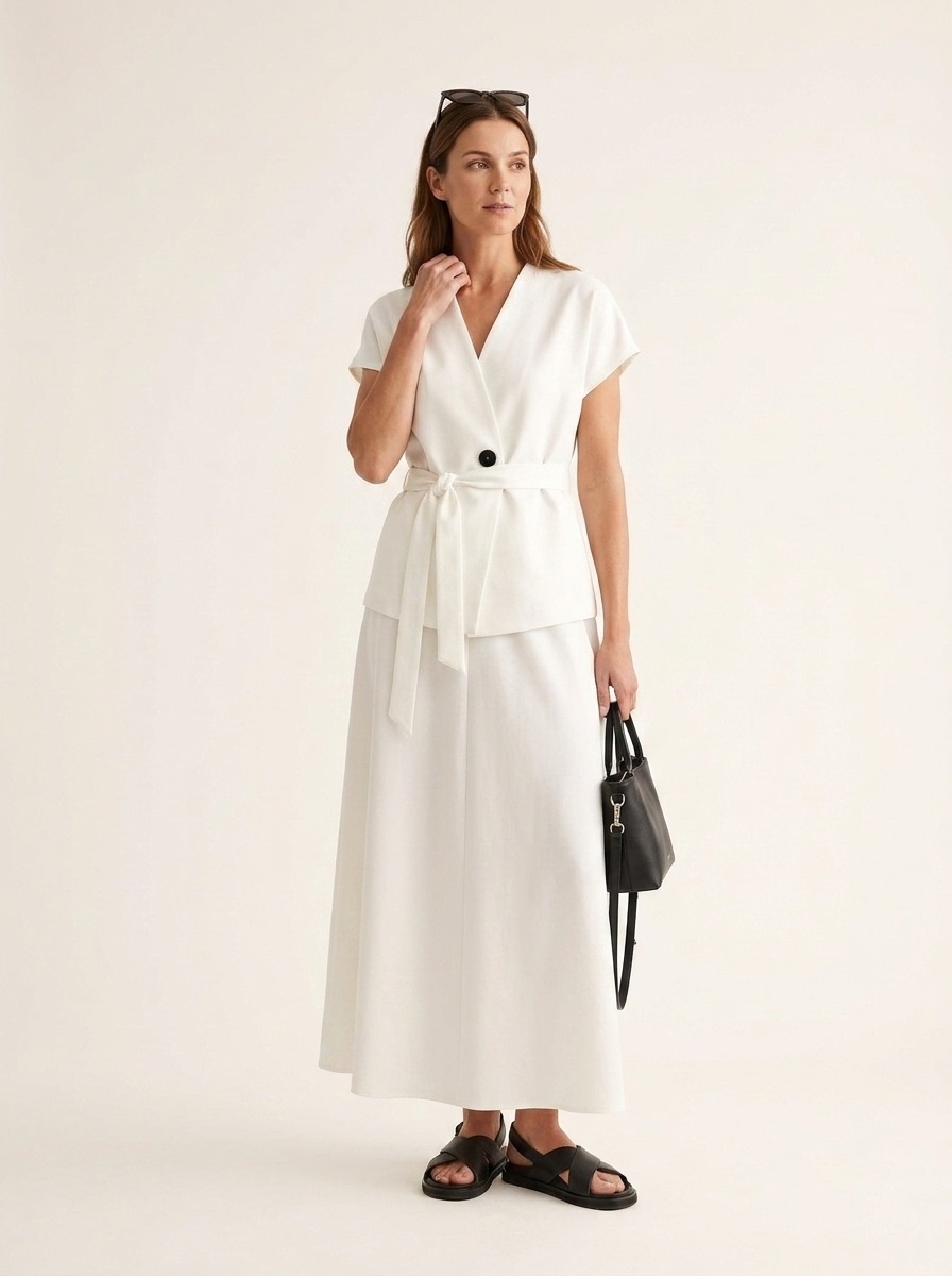 Ensemble élégant haut cache-cœur blanc et jupe maxi