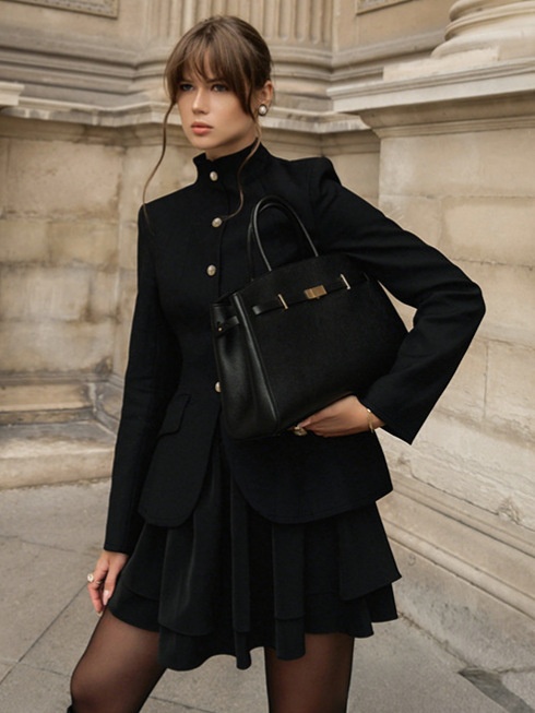 Ensemble blazer péplum à col mandarin noir et mini-jupe